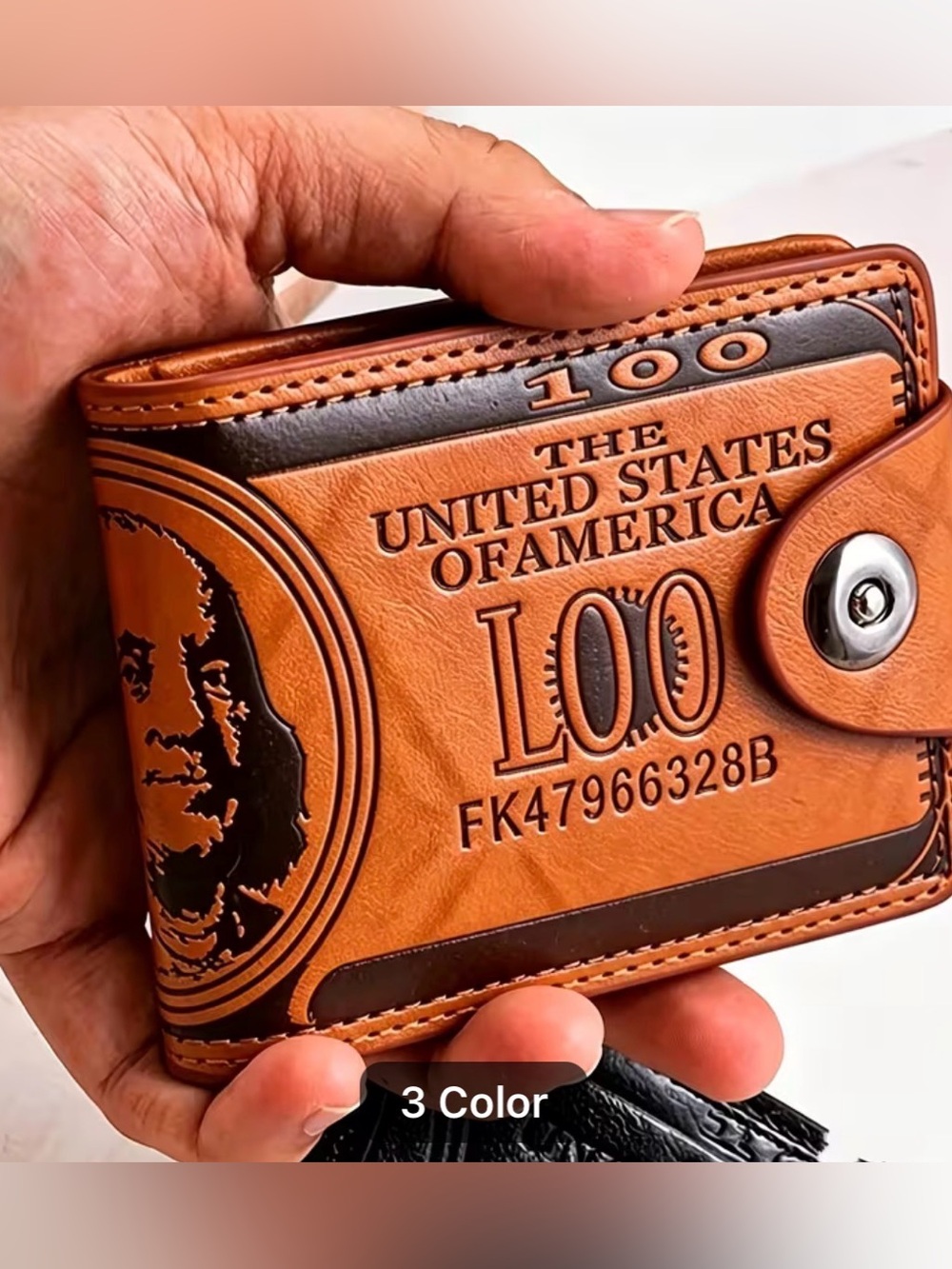 Vintage Brown Leather Bi-Fold Wallet with $100 Print